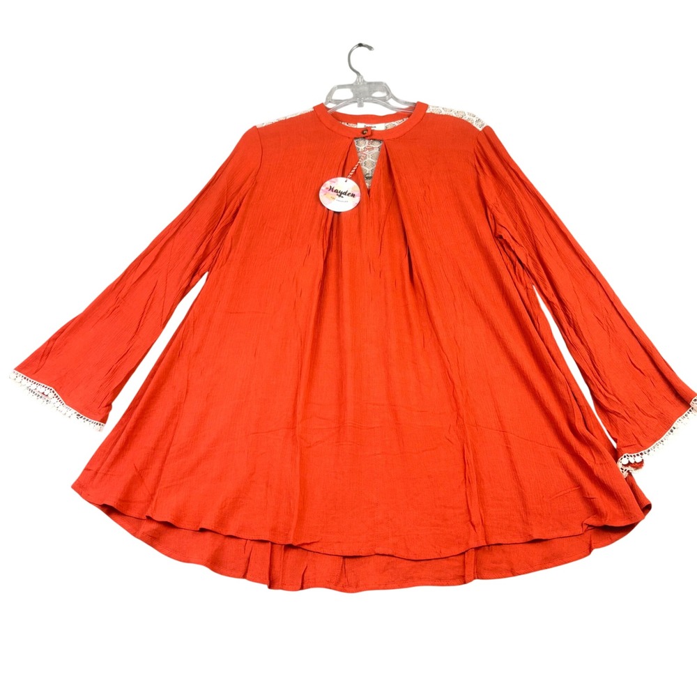 Hayden S Orange Tunic Blouse Lace Back Crochet Trim Boho Peasant Oversized NWT